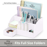White Desk Organizer fits full-size folders, with 9 compartments for pens, notebooks, and supplies. Sleek design for organized desks.