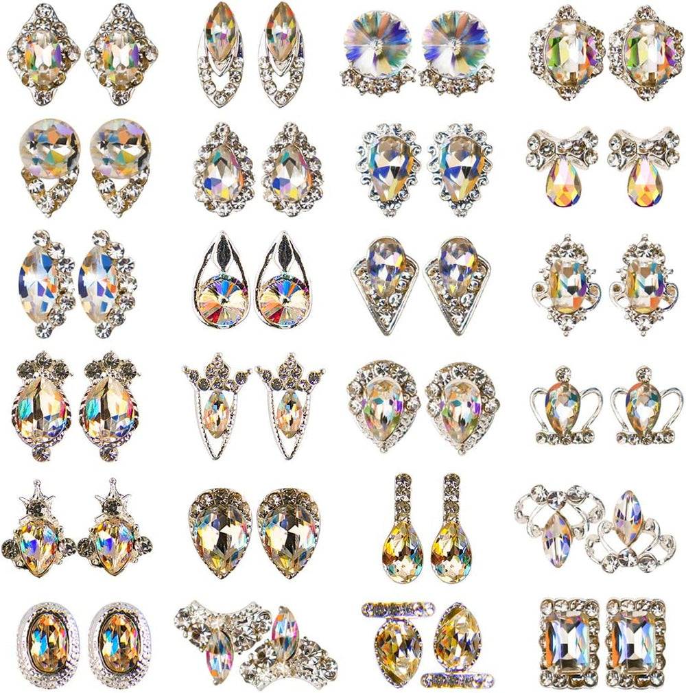 48Pcs Nail Crystal AB Rhinestones, Nail Diamonds Glass Metal Gems Jewels Stones for 3D Nails Art Decoration(24 Styles)