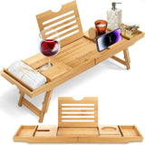 Bamboo Bath Caddy Tray - Convertible Bed & Bath with folding legs, wine glass holder, phone slot, and adjustable book stand.