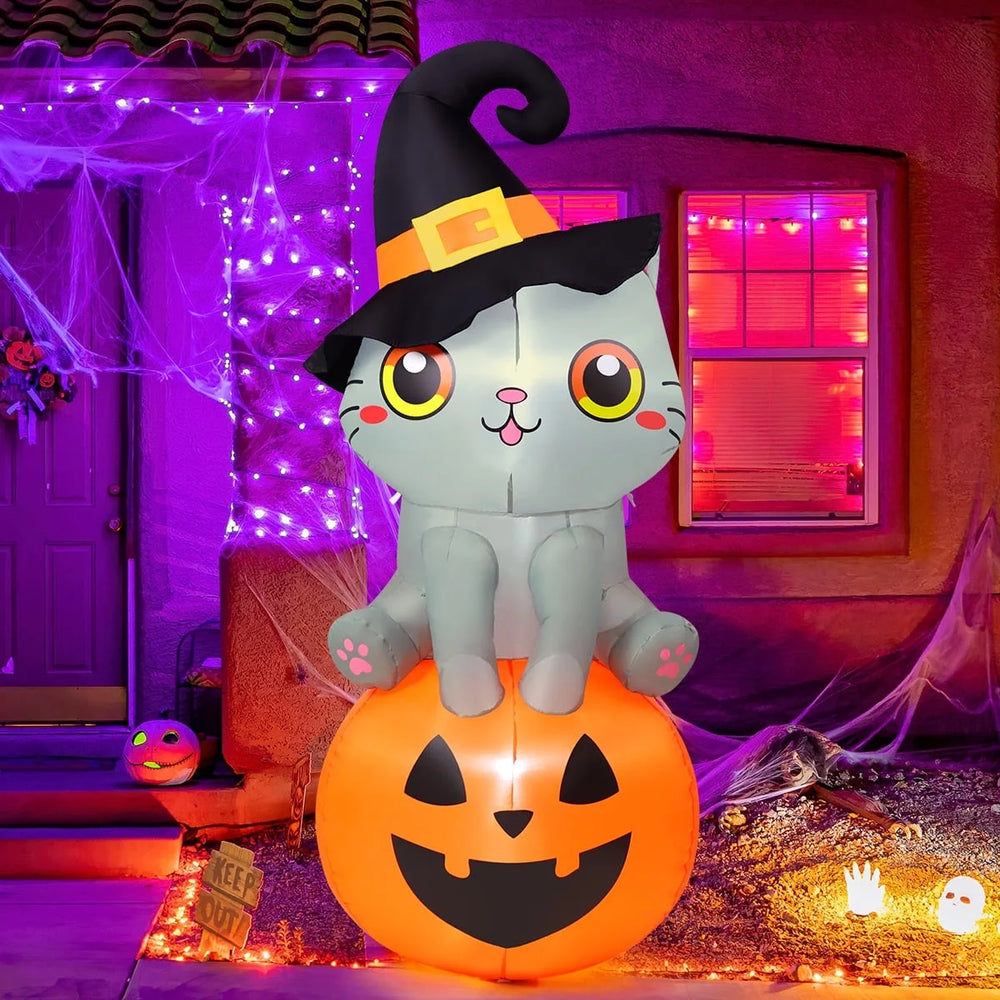 Halloween Inflatable 6 FT Inflatable Halloween Cat Sitting on Pumpkin, Halloween Inflatable Cat Pumpkin with LED Lights, Funny Outdoor Halloween Decorations for Halloween/Holiday/Party
