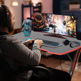 47 Inch Gaming Desk, Z Shaped PC Computer Desk Gaming Workstation with Headphone Hook, Ergonomic Gaming Table PC Desk for Game Players, Red