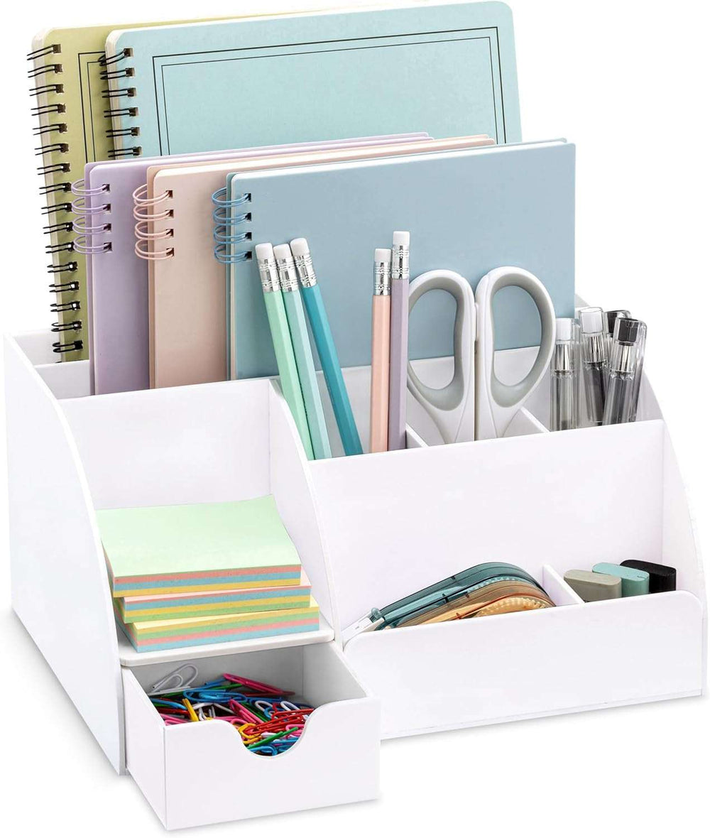White Desk Organizer with 9 compartments for pens, notebooks, sticky notes, and office supplies. Ideal for home, school, or office desks.