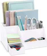 White Desk Organizer with 9 compartments for pens, notebooks, sticky notes, and office supplies. Ideal for home, school, or office desks.