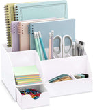 White Desk Organizer with 9 compartments for pens, notebooks, sticky notes, and office supplies. Ideal for home, school, or office desks.