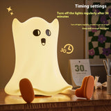 Silicone Ghost Lamp with 30-minute timer setting, touch control, and soft glow for kids' night light or Halloween decoration.
