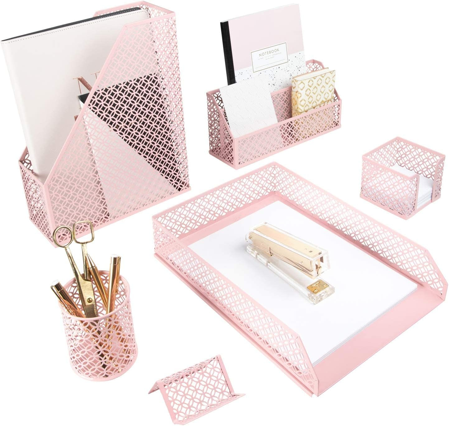Pink desk organizer set with six matching pieces including stapler and pen holder. Adds feminine charm to office workspace.