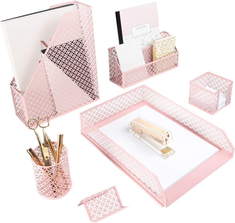 Pink desk organizer set with six matching pieces including stapler and pen holder. Adds feminine charm to office workspace.