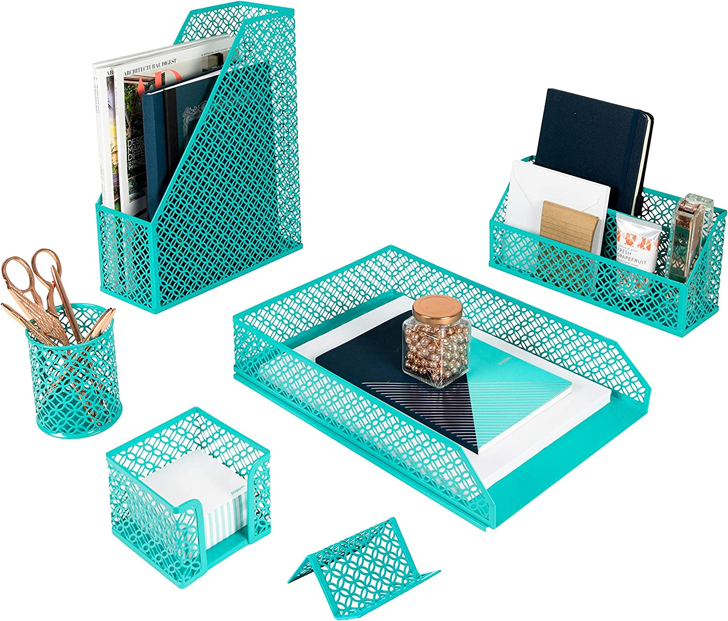 Turquoise desk organizer set with six metal pieces for organizing documents and supplies. Adds vibrant color to office decor.