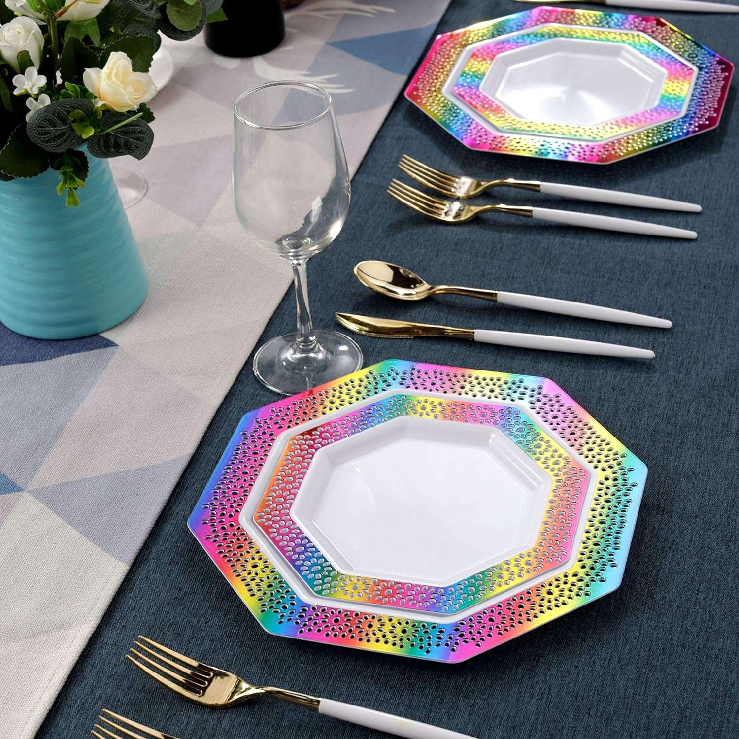 60Pcs Rainbow Plastic Plates, White Disposable Plates with Rainbow Lace Design, Including 30 Dinner Plate, 30 Dessert Plate for Wedding and Birthday Parties