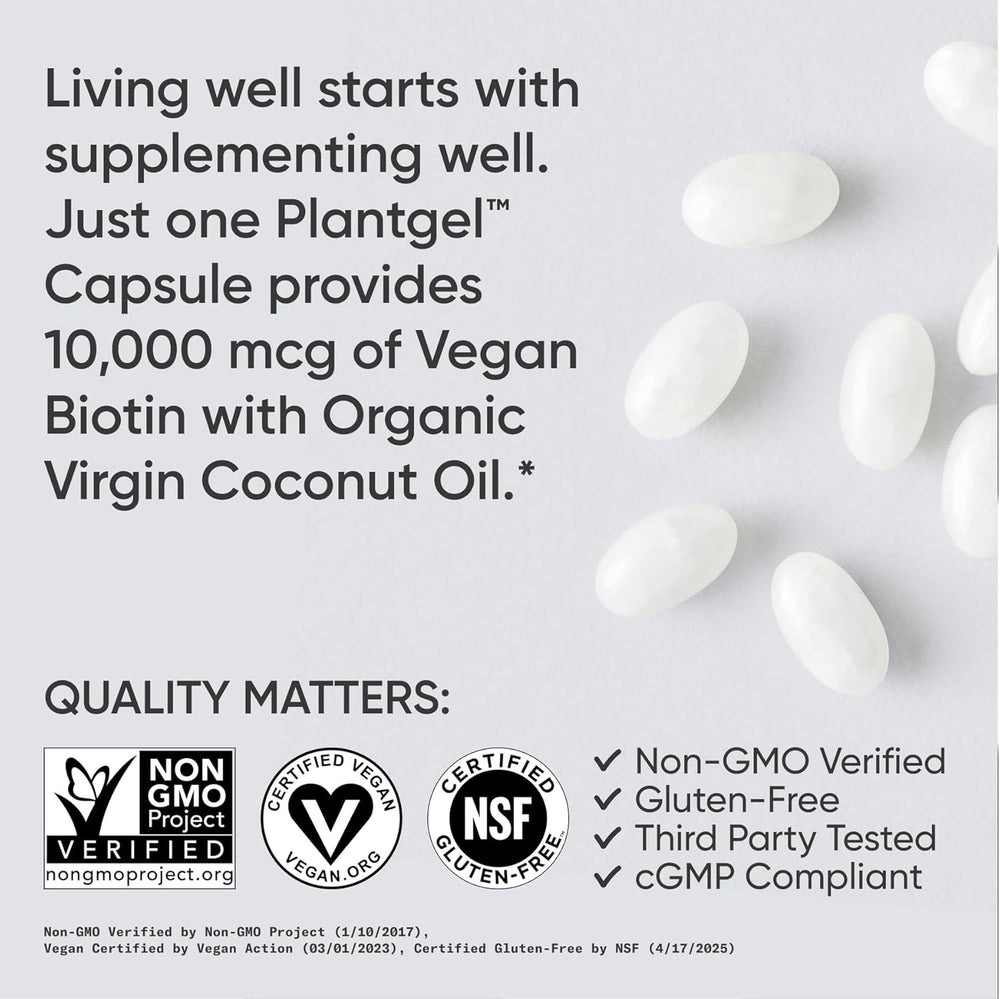 ® Biotin 10,000Mcg with Organic Coconut Oil - Biotin (Vitamin B7) for Healthy Skin and Hair Support* - for Women and Men - Vegan, Non-Gmo, Gluten & Soy-Free - 120 Veggie Softgels