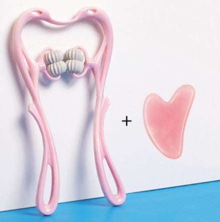 Pink 6 Roller Neck Massager with pink gua sha tool for full-body and facial massage therapy.