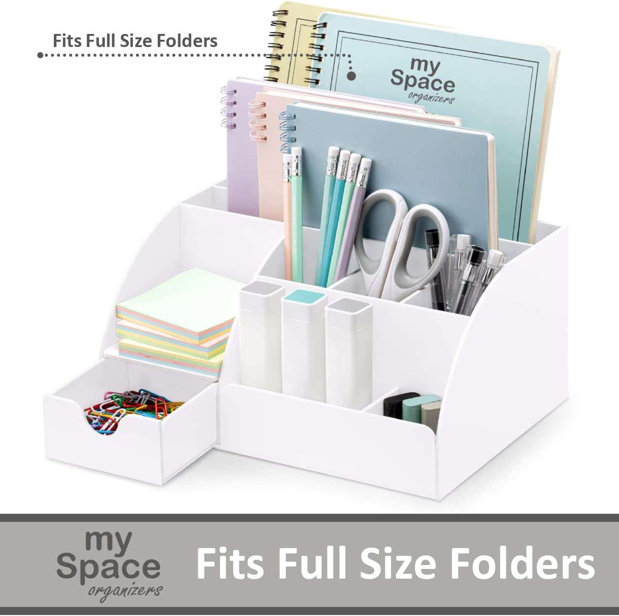 White Desk Organizer fits full-size folders, with 9 compartments for pens, notebooks, and supplies. Sleek design for organized desks.