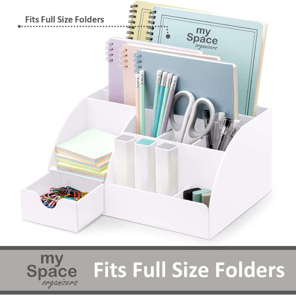 White Desk Organizer fits full-size folders, with 9 compartments for pens, notebooks, and supplies. Sleek design for organized desks.