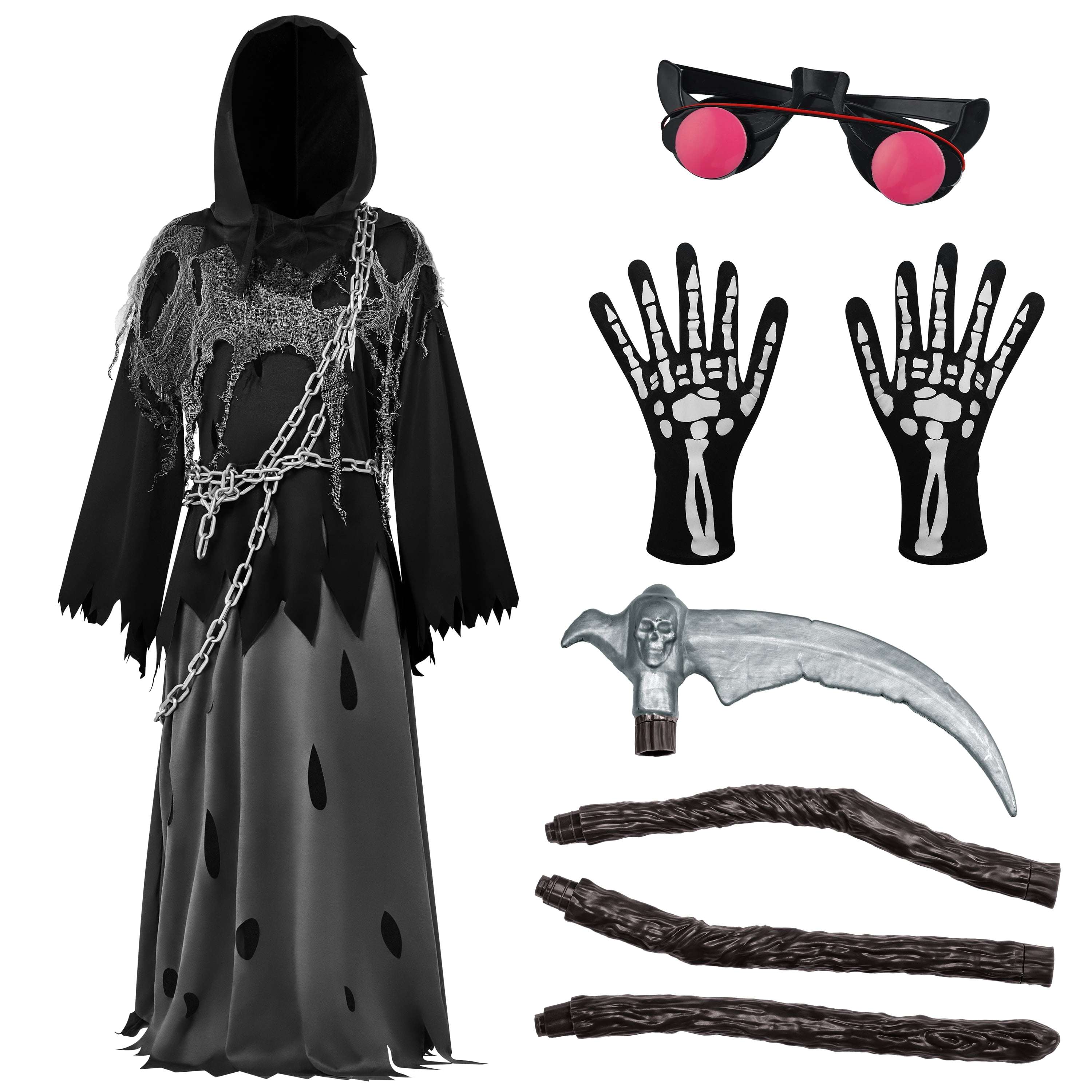Child Glowing Eyes Grim Reaper Costume, Phantom Costume for Kids Halloween Fancy Dress up 5-12 Years