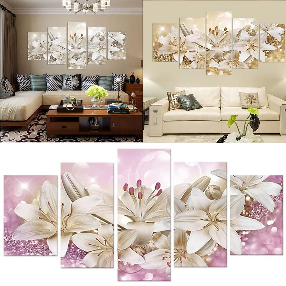 Pink Lily Flowers Floral Canvas Print Wall Art Abstract Painting Picture Decor for Home Living Room Bathroom,Wall Art Canvas Flower Painting 5 Pieces,7.8*11.8 Inches~7.8*19.7 Inches