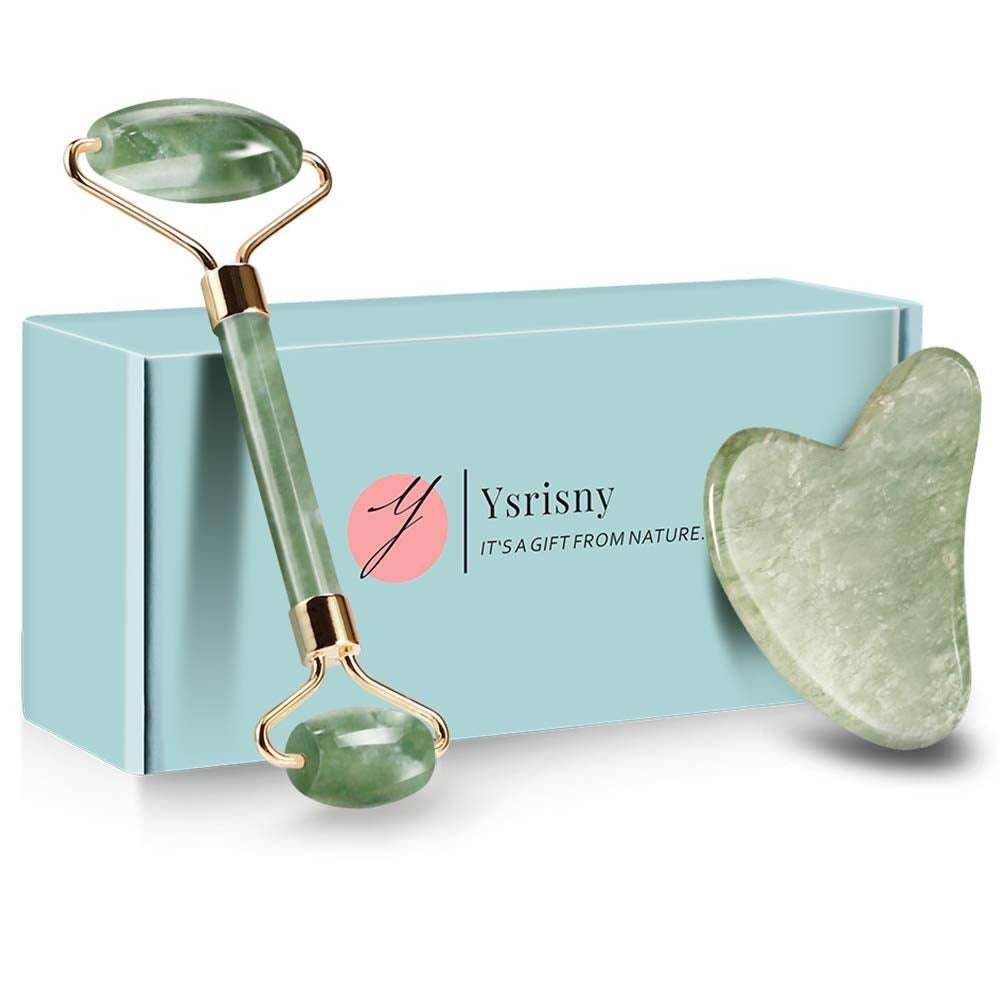 Jade Roller Facial Tool and Gua Sha set with gift box, made from 100% natural jade for anti-aging and skin rejuvenation massage.