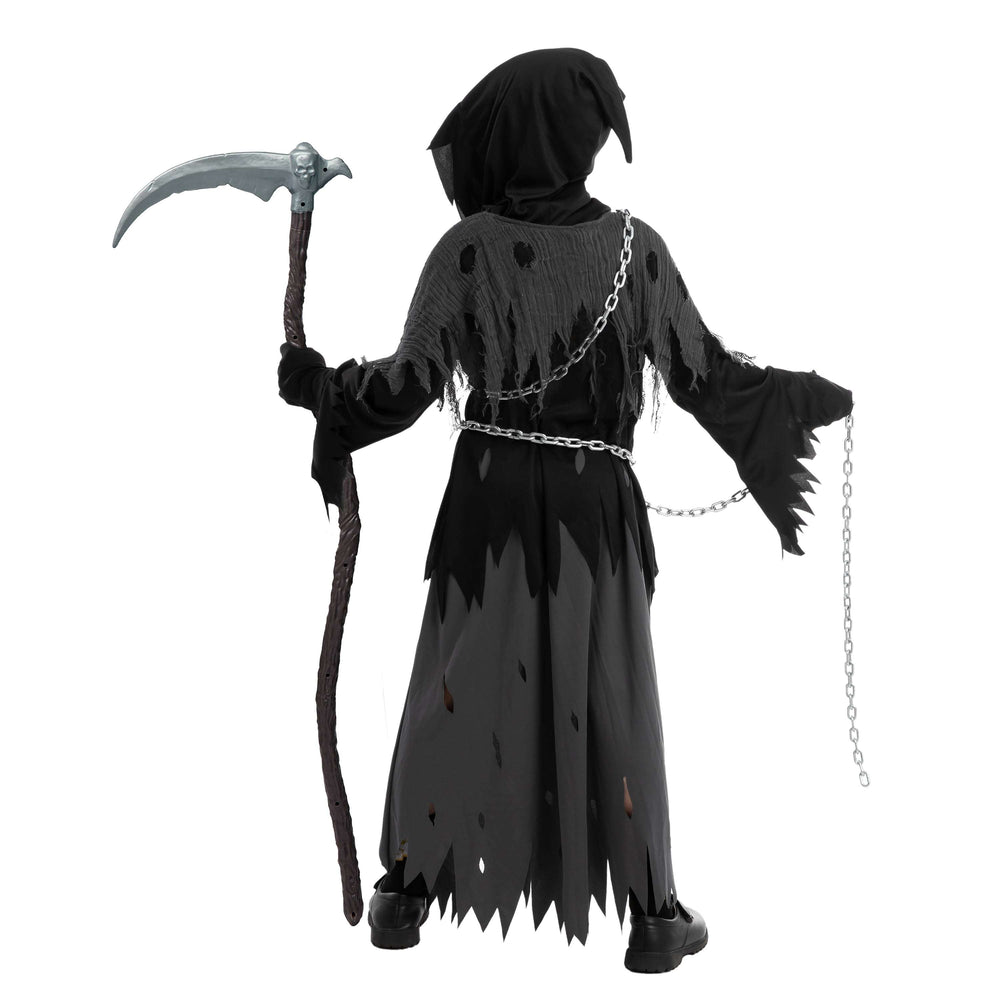 Child Glowing Eyes Grim Reaper Costume, Phantom Costume for Kids Halloween Fancy Dress up 5-12 Years