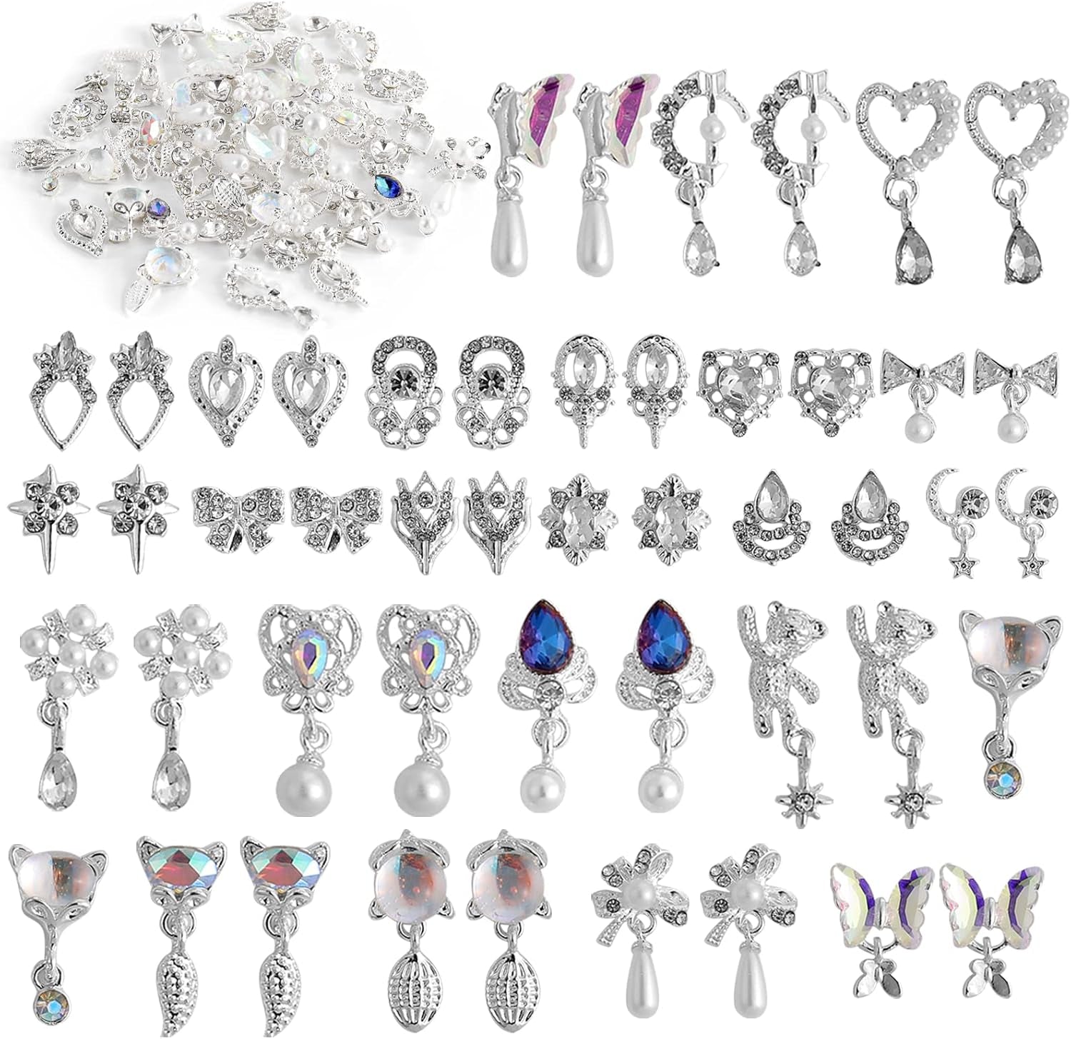 48Pcs Nail Crystal AB Rhinestones, Nail Diamonds Glass Metal Gems Jewels Stones for 3D Nails Art Decoration(24 Styles)