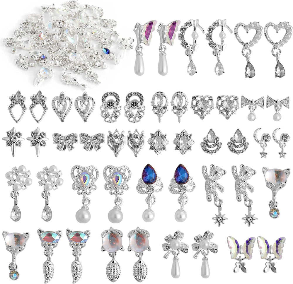 48Pcs Nail Crystal AB Rhinestones, Nail Diamonds Glass Metal Gems Jewels Stones for 3D Nails Art Decoration(24 Styles)