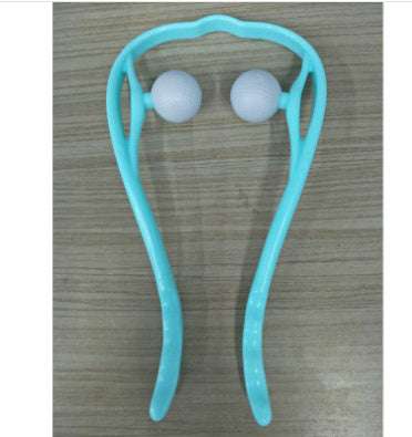 Blue manual neck massager with two large textured balls for targeted pressure point relief and ergonomic grip.