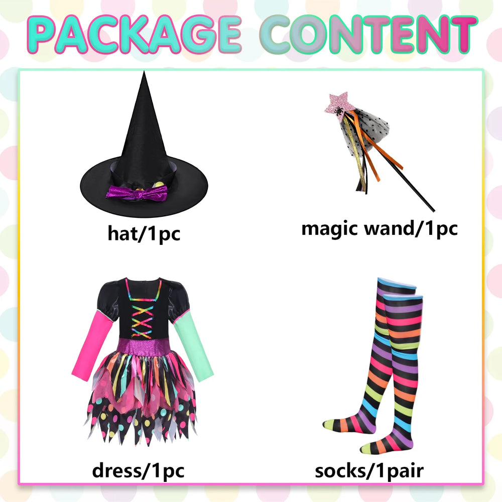 Girls Miss Matched Witch Halloween Fancy Dress Outfit, Child Girls Colorful Rainbow Halloween Witch Costume