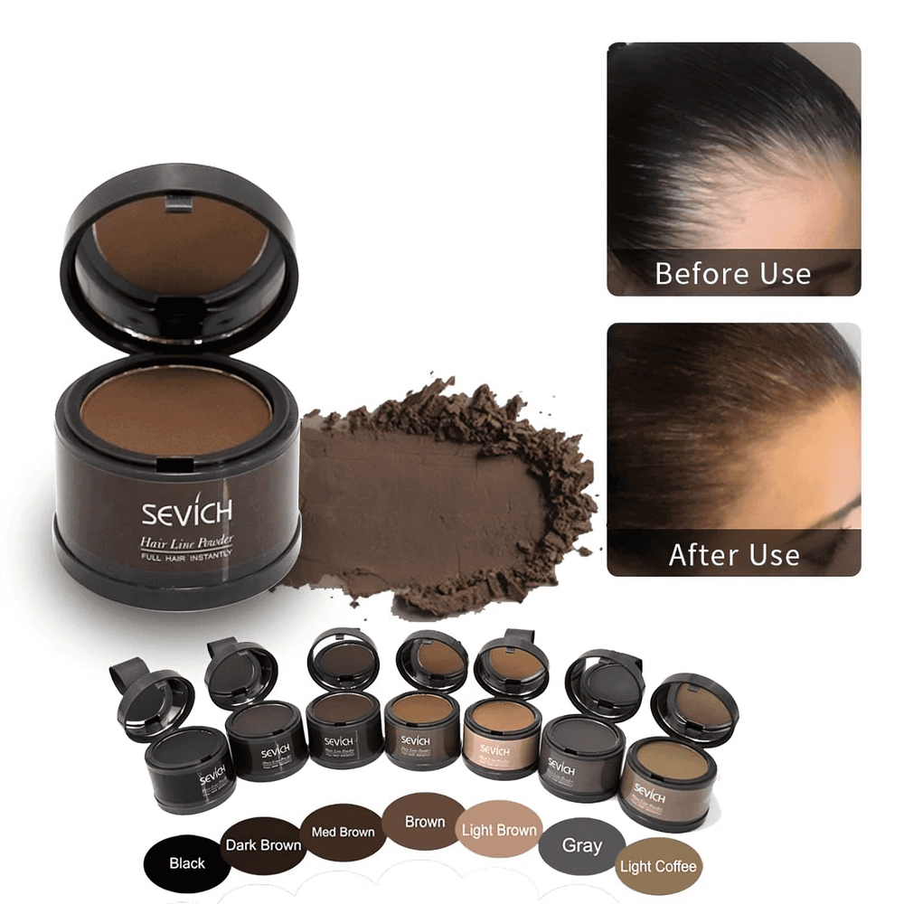 Hairline Powder - Instant Coverage | 14-Hour Wear in brown shade with before and after results showing fuller hairline. Ideal for thinning hair touch-ups.