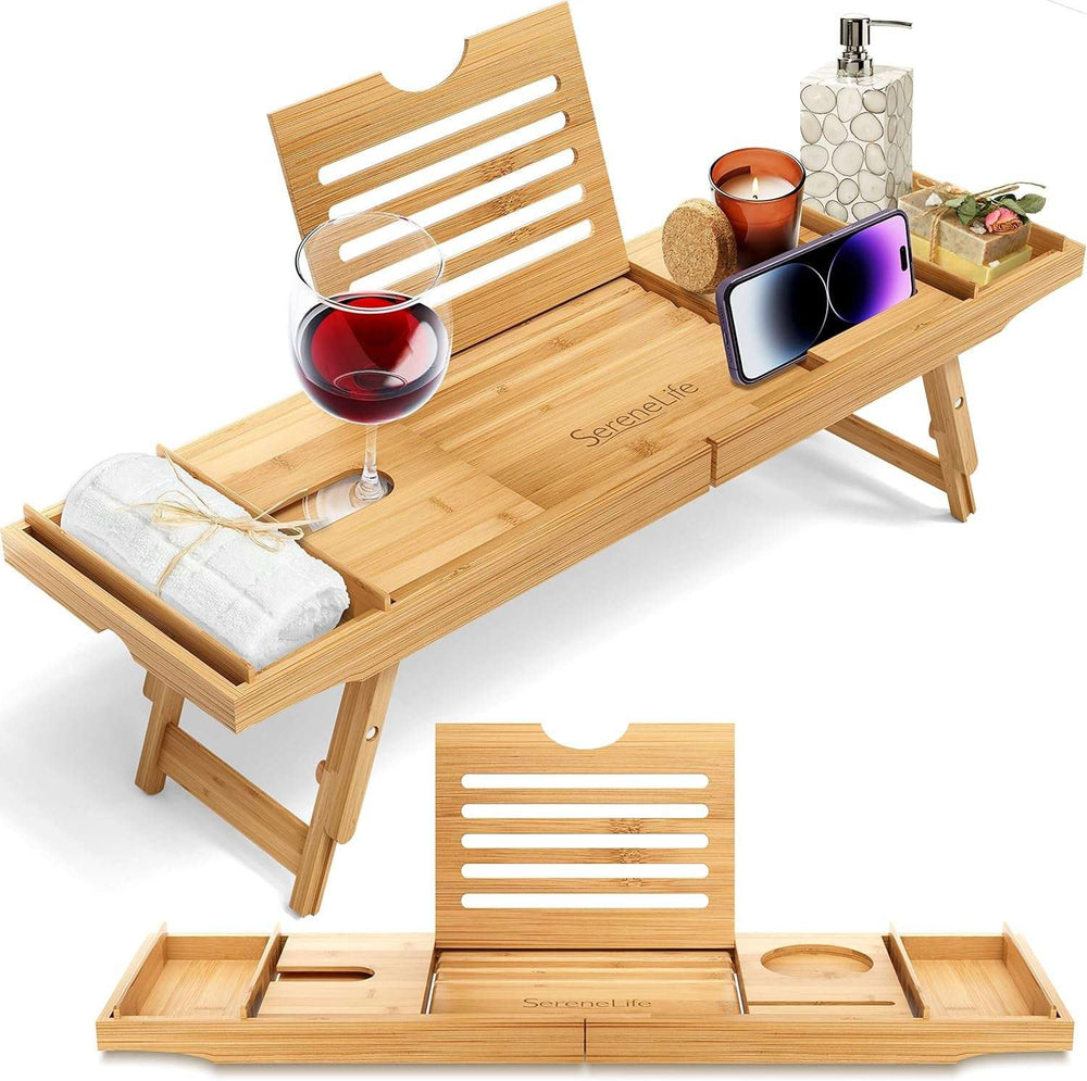 Bamboo Bath Caddy Tray - Convertible Bed & Bath with folding legs, wine glass holder, phone slot, and adjustable book stand.