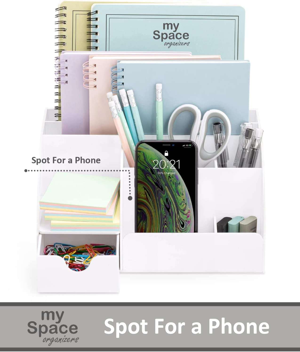 White Desktop Organizer with phone slot, 9 compartments for pens, folders, and accessories. Keeps workspace neat and accessible.