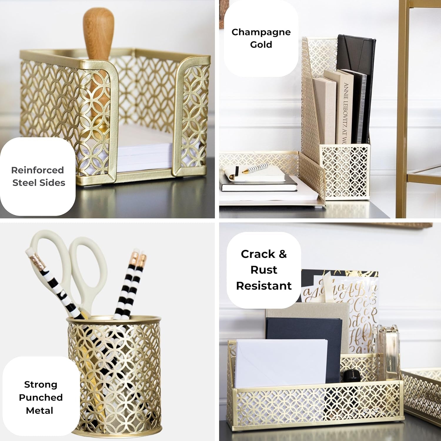 Close-up of gold desk organizer set features reinforced steel sides, rust-resistant metal, and champagne gold finish for durability and style.
