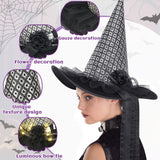 Halloween Witch Hats for Adult, LED Light Black Hat with Flower and Tulle Halloween Costumes Accessory for Party
