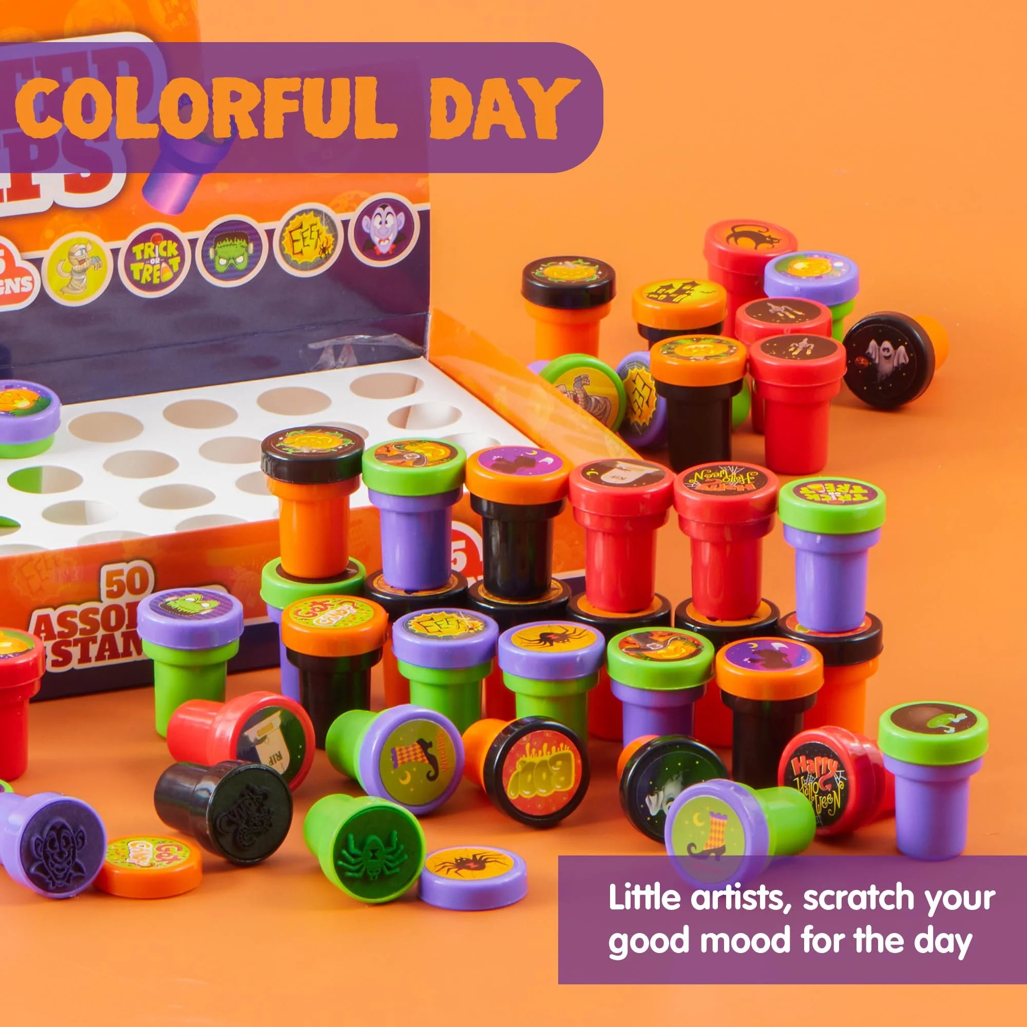 50 Pcs Halloween Assorted Stamps for Kids,Halloween Stampers Halloween Stuff Halloween Goodies Bags Prizes,Halloween Toys for Trick or Treaters Gift,Halloween Party Favor