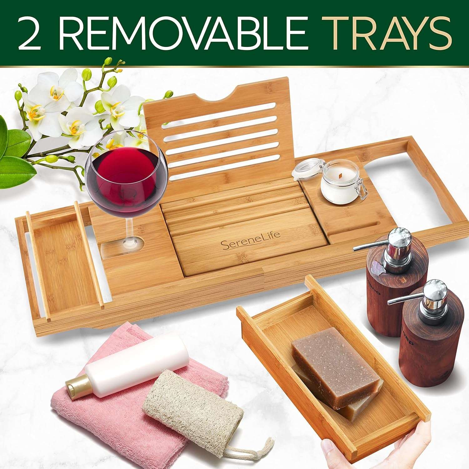 Natural Bamboo Bath Caddy Tray with two removable trays for soap and accessories, ideal for bath organization.