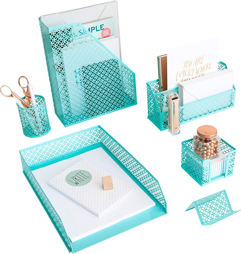 Bright turquoise desk organizer set with six pieces including mail sorter and magazine holder. Great for colorful workspace organization.