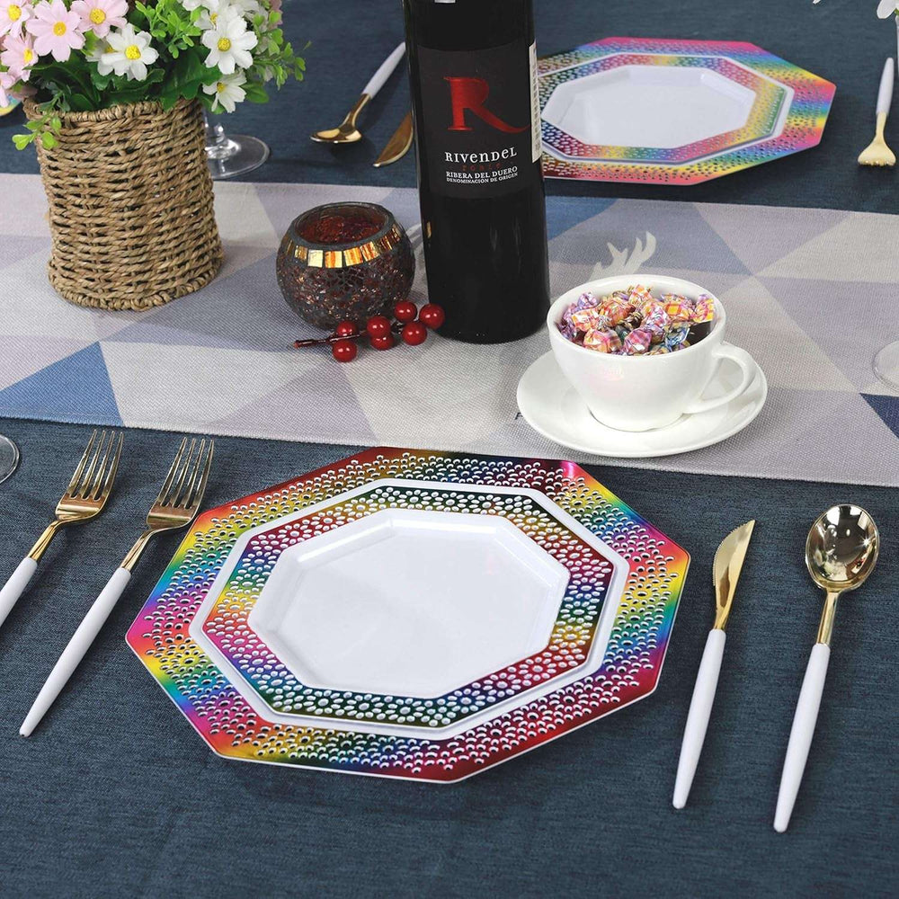 60Pcs Rainbow Plastic Plates, White Disposable Plates with Rainbow Lace Design, Including 30 Dinner Plate, 30 Dessert Plate for Wedding and Birthday Parties