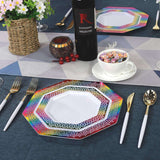 60Pcs Rainbow Plastic Plates, White Disposable Plates with Rainbow Lace Design, Including 30 Dinner Plate, 30 Dessert Plate for Wedding and Birthday Parties