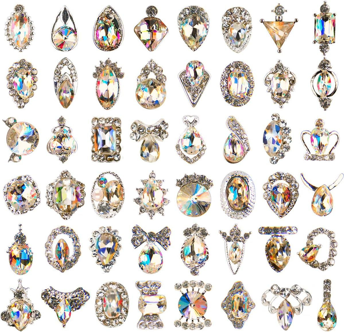 48Pcs Nail Crystal AB Rhinestones, Nail Diamonds Glass Metal Gems Jewels Stones for 3D Nails Art Decoration(24 Styles)