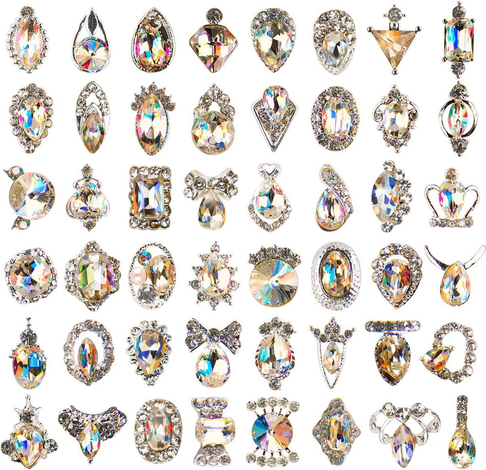 48Pcs Nail Crystal AB Rhinestones, Nail Diamonds Glass Metal Gems Jewels Stones for 3D Nails Art Decoration(24 Styles)