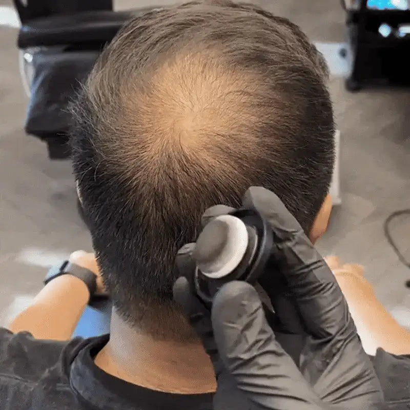 Hairline Powder - Instant Coverage | 14-Hour Wear being applied to a bald spot on the crown, demonstrating instant scalp coverage for men’s hair loss.