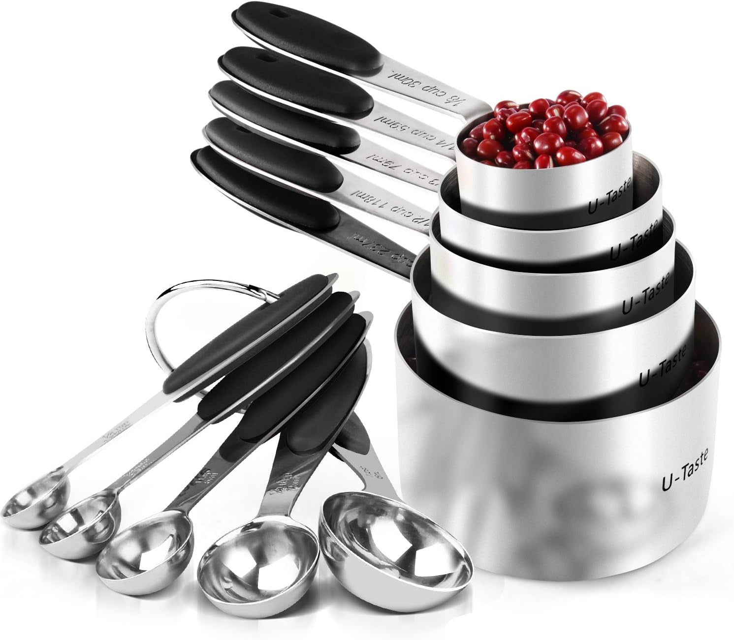 Measuring Cups :  18/8 Stainless Steel Measuring Cups and Spoons Set of 10 Piece, Upgraded Thickness Handle(Black)