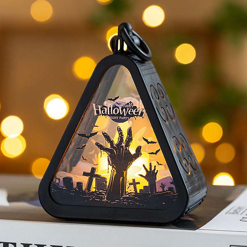 Halloween Portable Pumpkin Lamp with ghost hand rising from graveyard and 'Halloween Night Party' text, perfect for spooky holiday ambiance.