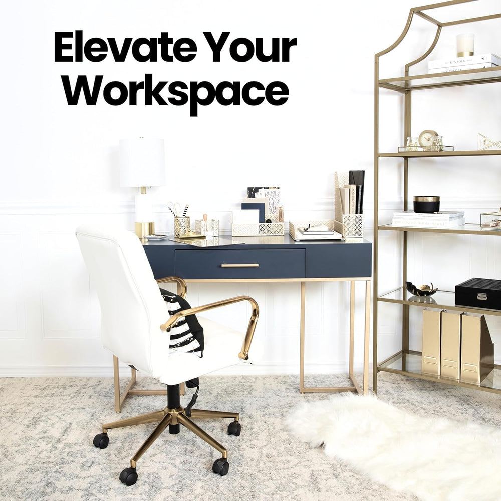 Modern home office with gold desk organizer set on navy desk. Enhances workspace with chic and functional office supplies.
