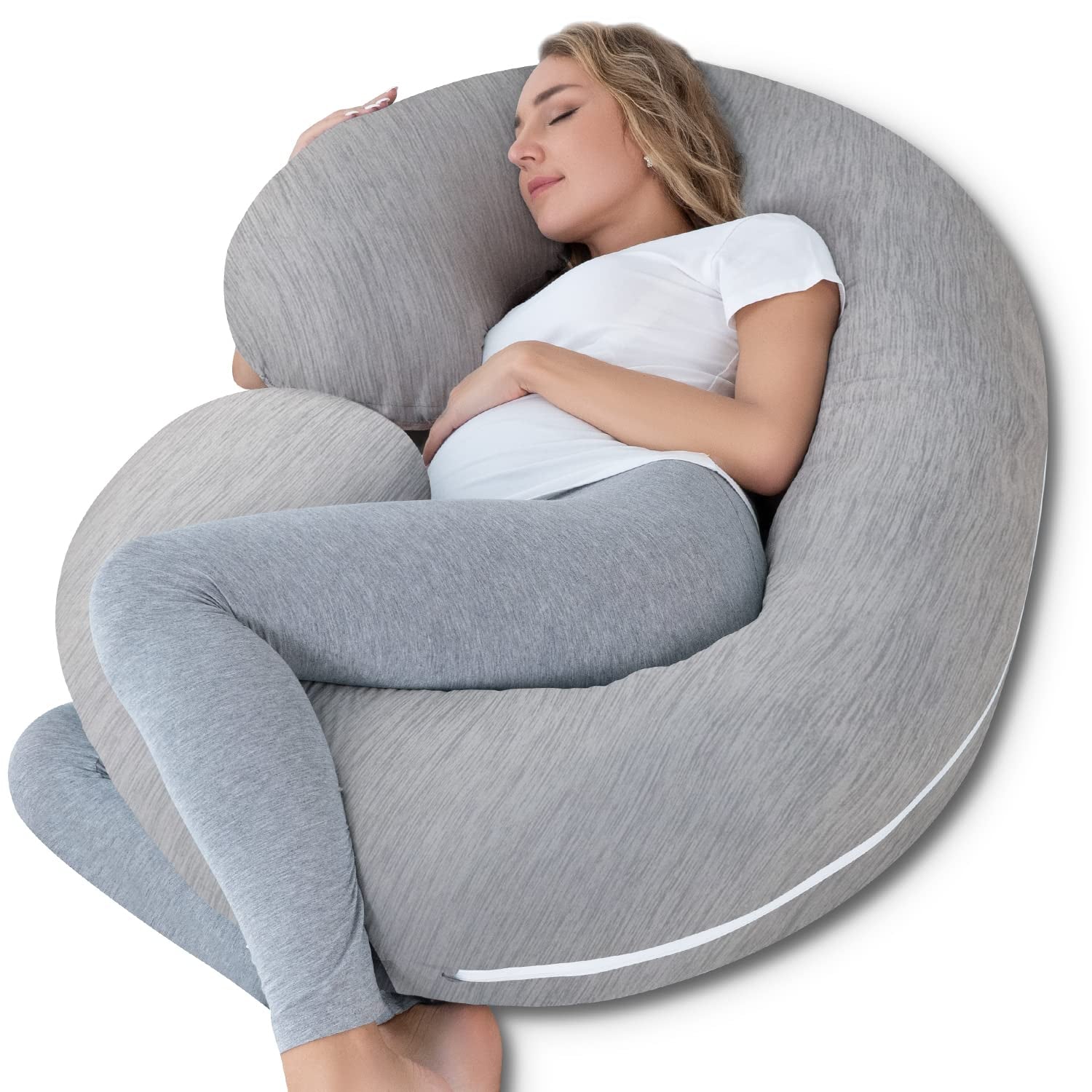 Pregnancy Pillow for Sleeping, Maternity Pillow with Jersey Cotton Cover,C Shaped Body Pillow for Pregnant Women(Grey Jersey)
