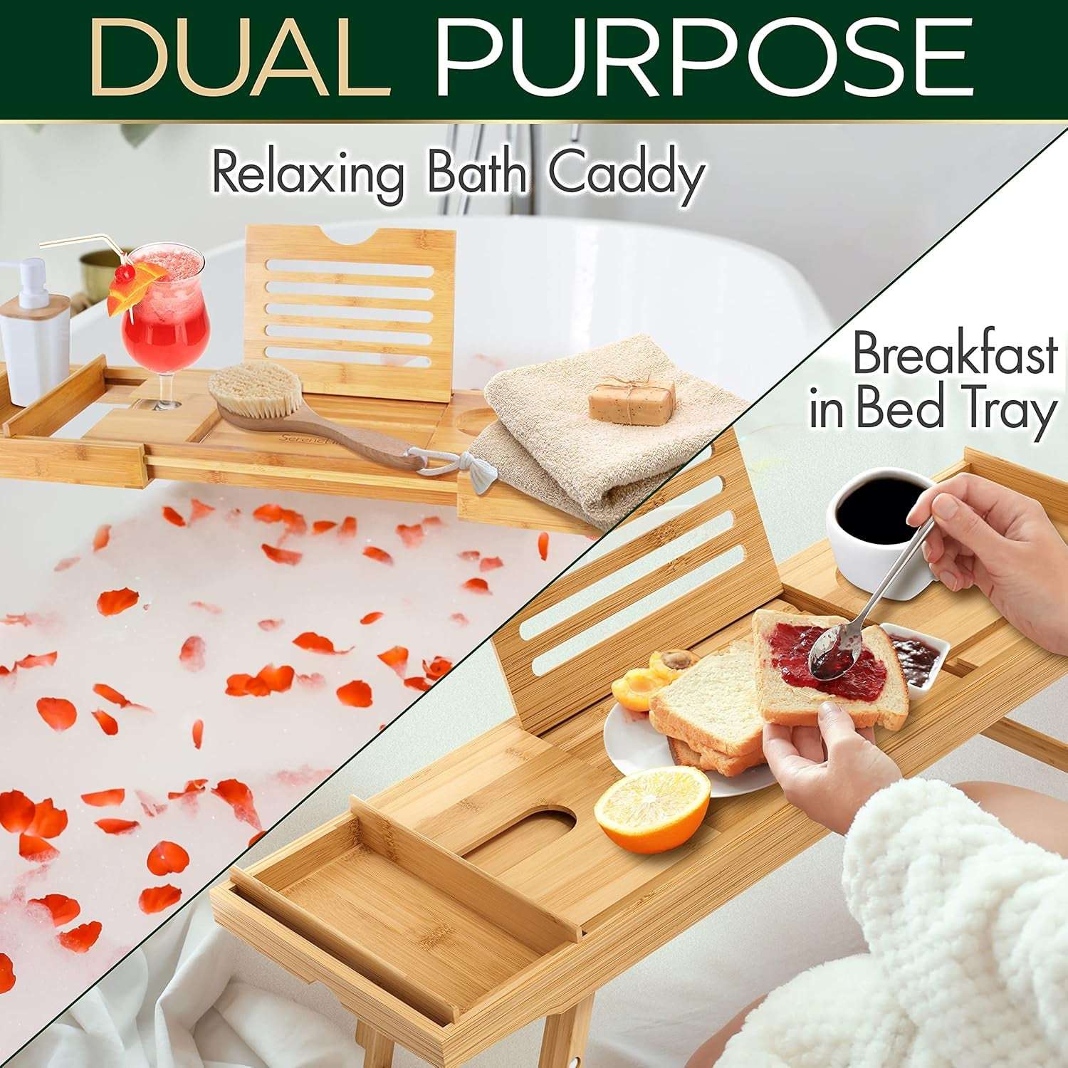 Dual-purpose Bamboo Bath Caddy Tray used as a relaxing bathtub tray and breakfast in bed tray with natural bamboo finish.