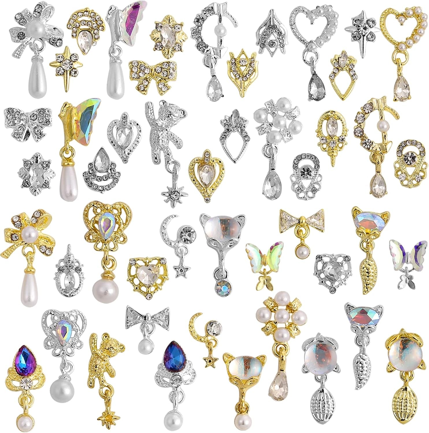 48Pcs Nail Crystal AB Rhinestones, Nail Diamonds Glass Metal Gems Jewels Stones for 3D Nails Art Decoration(24 Styles)