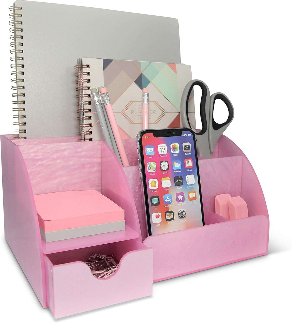 Pink Desk Organizer with 9 compartments for phone, pens, and sticky notes. Adds a fun, colorful touch to organized workspaces.