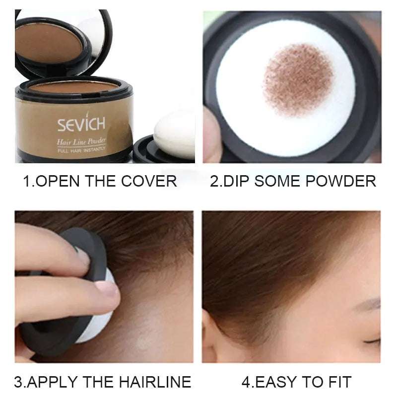 Step-by-step guide for using Hairline Powder - Instant Coverage | 14-Hour Wear, showing easy application process for fuller hair appearance.
