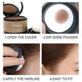 Step-by-step guide for using Hairline Powder - Instant Coverage | 14-Hour Wear, showing easy application process for fuller hair appearance.