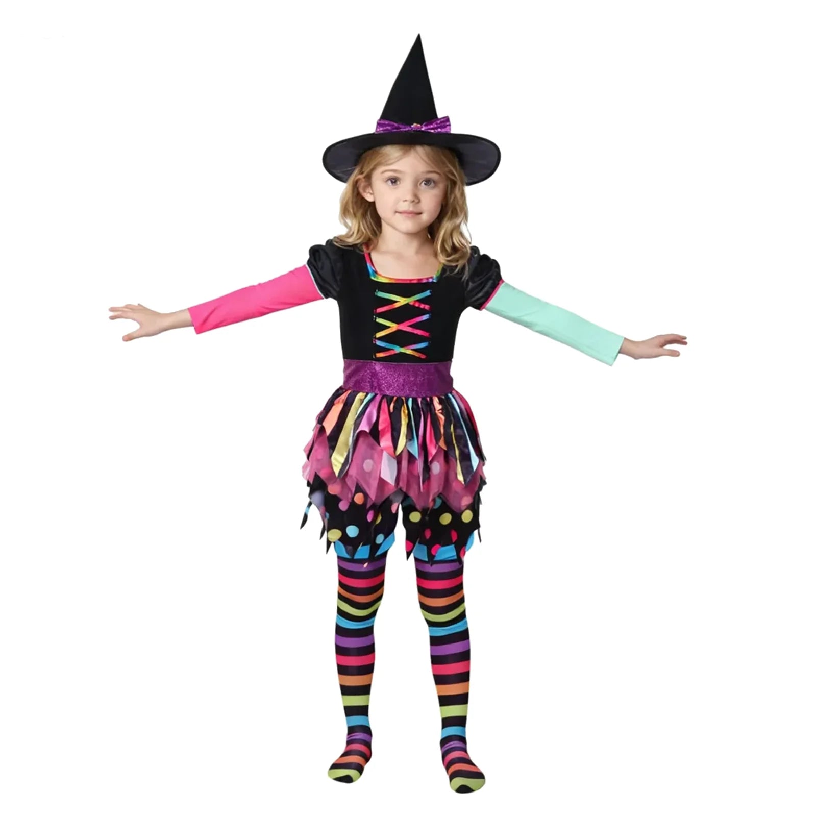 Girls Miss Matched Witch Halloween Fancy Dress Outfit, Child Girls Colorful Rainbow Halloween Witch Costume