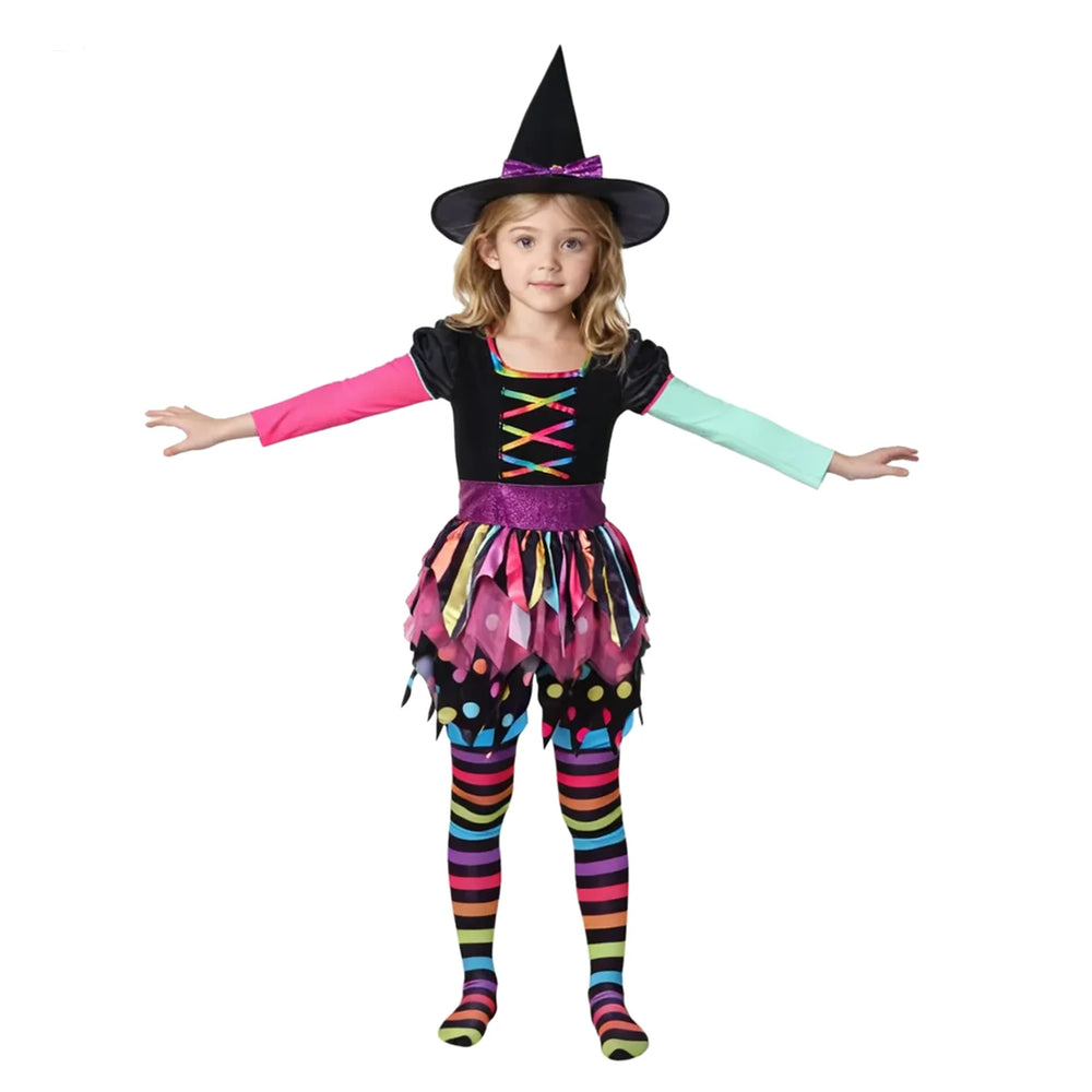 Girls Miss Matched Witch Halloween Fancy Dress Outfit, Child Girls Colorful Rainbow Halloween Witch Costume