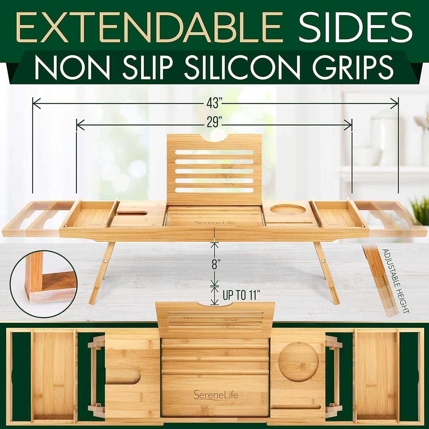 Extendable Bamboo Bath Caddy Tray with non-slip silicone grips, adjustable height, and side arms extending from 43 to 29 inches.